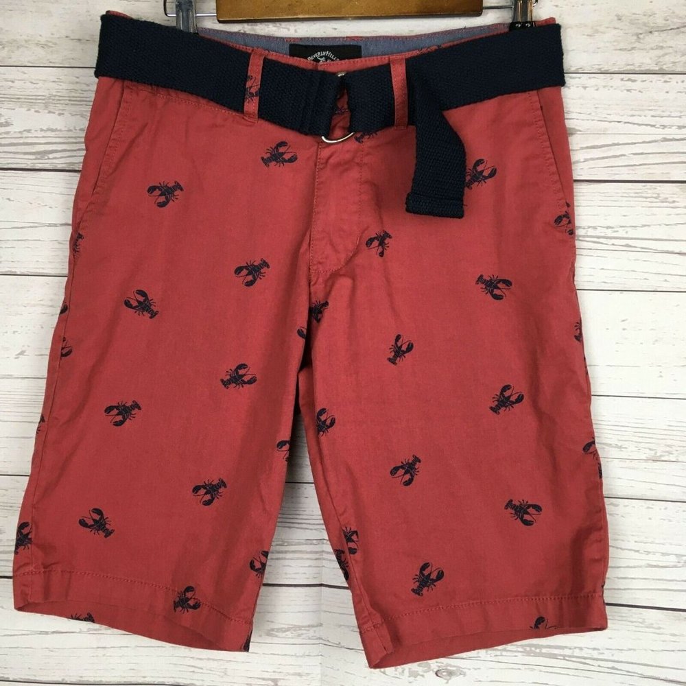 Lobster Print Mens Shorts - size 30 Beverly Hills Polo Club Red with Belt Cotton